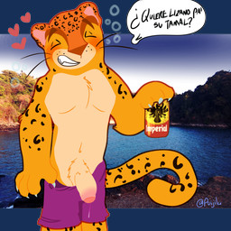 alcohol animal_print anthro beer beverage beverage_can blush bodily_fluids body_hair bottomwear bubble clothed clothing container costa_rica countershade_torso countershading dripping drunk drunk_bubble eyes_closed flaccid flustered foreskin fur genital_fluids genitals hair holding_object humanoid_genitalia humanoid_penis leaking_precum male markings mascot muscular muscular_male partially_clothed partially_clothed_anthro partially_retracted_foreskin pecs penis photo_background precum precum_drip precum_on_penis precum_string presenting presenting_penis pubes purple_clothing smile solo spots substance_intoxication swimming_trunks swimwear tail teeth text whisker_spots legguflops central_american_games namu_(central_american_games) felid jaguar mammal pantherine absurd_res digital_media_(artwork) hi_res photography_(artwork) spanish_text translated