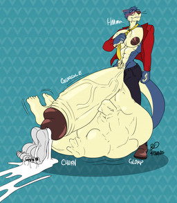 anthro athletic balls big_balls big_penis blue_body blue_fur blush blush_lines bodily_fluids bottomwear churn churning_balls claws clothed clothing cock_vore cum ellow_necktie eyewear feet footwear fur genital_fluids genitals glans glasses glorp group gurgle_(sound_effect) huge_balls huge_penis hyper hyper_balls hyper_genitalia hyper_penis imminent_death imminent_digestion imprint jacket leaking_cum male male_pred moan necktie nipples open_bottomwear open_clothing open_pants pants pecs penile penis red_clothing red_jacket red_topwear shoes slim soft_vore tail toe_claws topwear vore rxq animal_crossing nintendo lyle_(animal_crossing) mammal mustelid otter 2025 hi_res