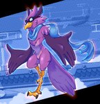 2_toes 5_fingers anthro avian_feet barefoot beak blue_background blue_scarf claws eyewear feathers feet fingers glasses male mostly_nude on_one_leg purple_body purple_feathers purple_tail scarf scarf_only side_view simple_background solo sparkles standing tail talons toes yellow_beak cynicallysly rivals_of_aether wrastor avian bird 2022 absurd_res digital_media_(artwork) full-length_portrait hi_res portrait shaded