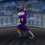 ambiguous_gender anthro city city_background cloud digitigrade fur green_eyes hair hand_on_hip long_hair looking_back multicolored_body purple_body purple_fur solo tail tail_tuft tuft yellow_body yellow_fur toffee_creation mauve_(mauvedash) sergal 1:1 absurd_res hi_res female_(lore)