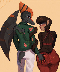 anthro anthro_on_anthro big_butt biped blush bottomwear brown_hair butt butt_grab clothed clothed_anthro clothed_female clothed_male clothing duo female floral_print green_clothing green_eyes green_jacket green_topwear grey_body grey_scales hair hand_on_butt head_turned interspecies jacket long_tail looking_at_another looking_back looking_down male male/female markings mature_anthro mature_female multicolored_body multicolored_scales orange_body orange_eyes orange_scales pants rear_view red_bottomwear red_clothing red_pants scales short_hair short_tail simple_background smile smirk smug striped_markings stripes tail tail_around_arm tan_background topwear two_tone_body two_tone_scales white_bottomwear white_clothing white_pants wings espectro111222 sakamtosng third-party_edit cavemanon_studios goodbye_volcano_high ko_op_(game_developer) snoot_game fan_character hannah_(snoot_game) naser_(gvh) haplorhine mammal monkey prehistoric_species primate pterodactylus pterosaur reptile scalie color_edit colored