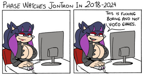 anthro big_breasts black_body black_clothing black_hair black_shirt black_topwear breasts cleavage clothed clothing computer_mouse dialogue electronics eyeshadow female hair huge_breasts long_sleeves makeup monitor open_mouth profanity purple_hair red_eyeshadow shirt smile solo text topwear missphase jontron phase_the_moonrat eulipotyphlan gymnure mammal 2koma comic english_text hi_res