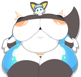:3 anthro areola areola_slip belly big_breasts biped blue_body blue_eyes blush bodily_fluids breasts camel_toe closed_smile clothed clothing eyewear facial_tuft female fingers front_view goggles huge_breasts huge_hips huge_thighs lactating lactating_through_clothing legwear mouth_closed multicolored_body navel overweight simple_background smile solo tail thick_thighs topwear tuft under_boob underwear wet wet_clothing white_background white_body wide_hips zaclyn felid feline mammal 2026 digital_media_(artwork) hi_res