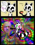 abstract_background anthro black_body chemicals dialogue drug_usage drugs humor male multicolored_body psychedelic psychedelic_background solo speech_bubble text toony two_tone_body white_body rexon02 rex_raccoon_(rexon02) human mammal procyonid raccoon absurd_res comic english_text hi_res meme