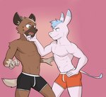 5_fingers abs anthro athletic athletic_anthro athletic_male black_clothing black_underwear blush brown_body brown_fur bulge clothed clothing duo fingers fur hand_on_head male male/male muscular muscular_male open_mouth pink_body pink_fur simple_background topless underwear underwear_only jrjresq aggretsuko sanrio haida_(aggretsuko) tadano_(aggretsuko) asinus donkey equid equine hyena mammal spotted_hyena 2021 hi_res