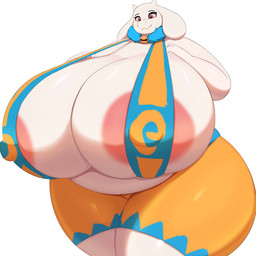 4_fingers anthro areola bell belly big_areola big_belly big_breasts bottomwear breasts clothed clothing cosplay crossover_cosplay eyebrows female fingers fur hand_on_breast happy horn huge_areola huge_breasts huge_thighs hyper hyper_areola hyper_breasts nipple_outline overweight overweight_anthro overweight_female red_eyes shorts simple_background solo thick_thighs walking white_background white_body white_fur white_horn hidenafox atlyss undertale_(series) angela_flux toriel bovid caprine goat mammal 1:1 2026 absurd_res crossover hi_res shaded