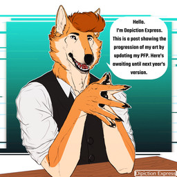 5_fingers anthro black_pawpads claws clothing collared_shirt dialogue dress_shirt ear_piercing fingers fur furniture gold_(metal) gold_jewelry gradient green_background greeting jewelry looking_at_viewer male multicolored_body multicolored_fur orange_body orange_fur pawpads paws piercing shirt simple_background solo speech_bubble suit table talking_to_viewer tan_body tan_fur text topwear vest depictionexpress conductor_ramirez_(depictionexpress) canid canine canis domestic_dog husky mammal maned_wolf nordic_sled_dog spitz 1:1 absurd_res english_text hi_res portrait