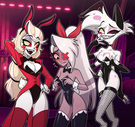 4_fingers 6_arms anthro armwear biped black_bow_tie black_choker black_clothing black_eyebrows black_jewelry black_legwear black_leotard black_lips black_necklace black_sclera black_thigh_highs blonde_hair blush blush_lines blush_stickers bodily_fluids both_sexes_in_same_situation bow_tie breast_envy breast_size_difference breasts bunny_costume choker cleavage clothed clothed_anthro clothed_female clothed_human clothed_humanoid clothing costume crossgender cuff_links elbow_gloves embarrassed eyebrow_through_hair eyebrows eyelashes fake_ears fake_rabbit_ears fake_tail fangs female female_anthro female_human female_humanoid fingerless_gloves fingers fur gloves group hair hand_behind_head hand_on_hip hand_on_own_hip handwear happy inside jacket jewelry legwear leotard lips long_hair looking_down mtf_crossgender multi_arm multi_limb multicolored_body multicolored_fur multicolored_hair necklace no_pupils open_mouth open_smile pink_body pink_fur pink_sclera ponytail purple_body purple_hair purple_skin raised_eyebrow red_clothing red_eyes red_jacket red_legwear red_thigh_highs red_tongue red_topwear sharp_teeth shirt_collar shirt_cuffs smile standing strapless_clothing strapless_leotard suit_jacket sweat sweaty_face teeth thigh_highs tongue topwear translucent translucent_hair trio two_tone_body two_tone_fur two_tone_hair white_body white_eyes white_fur white_hair white_skin yellow_sclera centinel303 hazbin_hotel hellaverse angel_dust charlie_morningstar vaggi_(hazbin_hotel) arachnid arthropod demon demon_humanoid human humanoid mammal spider 2025 absurd_res hi_res portrait three-quarter_portrait male_(lore)