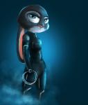 abstract_background anthro blue_eyes bodysuit clothed clothing cosplay female glowing holding_object identity_disc long_ears simple_background skinsuit solo tight_clothing sprinkah disney tron tron:_legacy zootopia judy_hopps quorra lagomorph leporid mammal rabbit 2016 crossover hi_res