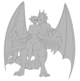 anthro big_feet breasts duo entwined_tails feathered_wings feathers feet female hand_holding horn love male male/female nude on_lap romantic romantic_couple sitting_on_another size_difference small_waist smaller_female tail tail_coil wings narusewolf mythology dragon hybrid mythological_creature mythological_scalie reptile scalie hi_res monochrome