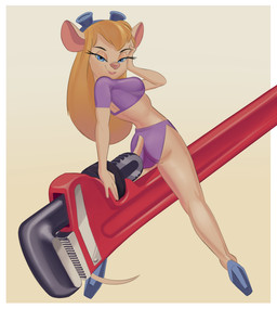 anthro clothing eyewear eyewear_on_head female footwear goggles goggles_on_head high_heels looking_at_viewer pose shoes solo straddling tools wrench saransaran chip_'n_dale_rescue_rangers disney gadget_hackwrench mammal mouse murid murine rodent pinup