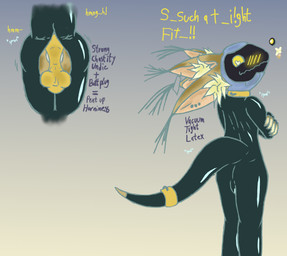 anthro balls blush blush_lines bondage_gear bulge butt butt_shot buttplug chastity_bulge chastity_device clothing collar crossed_arms embarrassed fur genitals inner_ear_fluff latex latex_clothing latex_skinsuit looking_down machine male multi_ear multicolored_body multicolored_fur plug_(sex_toy) protogen_visor raised_tail rear_view reflection sex_toy sex_toy_under_clothing simple_background skinsuit solo standing tail text tight_clothing tuft lustdevil humanoid protogen english_text hi_res