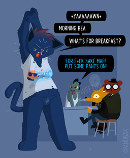 angry anthro bottomless casual_exposure clock clothed clothing dialogue eyewear fedora feet female fur genitals glasses hat head_tuft headgear headwear highlights_(coloring) male notched_ear open_mouth partially_clothed profanity pubes red_highlights shirt slightly_chubby spit-take stretching tail tank_top text topwear tuft vulva whiskers yawn anonyxnugax night_in_the_woods angus_delaney bea_santello gregg_lee mae_borowski bear canid canine crocodile crocodilian domestic_cat felid feline felis fox mammal reptile scalie absurd_res english_text hi_res