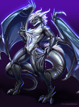 2_horns anthro blue_eyes claws clothing glistening glistening_body grey_body hair horn latex latex_clothing latex_skinsuit male possession shocked simple_background skinsuit solo teeth tight_clothing tugging white_hair wings bakas0baka mythology dragon mythological_creature mythological_scalie scalie absurd_res hi_res sketch