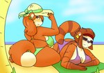 anthro beach big_breasts breasts brown_body brown_fur brown_hair clothing countershading ear_piercing ear_ring female fur hair hat headgear headwear lying multicolored_body multicolored_fur orange_body orange_fur orange_hair outside piercing plant ring_piercing seaside sitting smile solo sun_hat swimwear tan_body tan_fur thick_thighs towel tree two_tone_body two_tone_fur petsoftthings_(artist) blizzard_entertainment warcraft yenne_craneleaf bear mammal pandaren