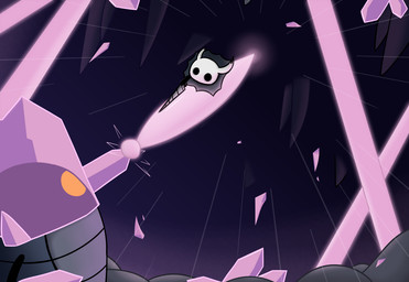 anthro battle black_eyes crystal duo empty_eyes featureless_hands grey_body holding_object holding_weapon horn low-angle_view melee_weapon midair mouthless orange_eyes toony weapon krackdown9 hollow_knight_(franchise) team_cherry crystal_guardian_(hollow_knight) the_knight_(hollow_knight) infected_(species) vessel_(species) 2018 digital_media_(artwork) source_request