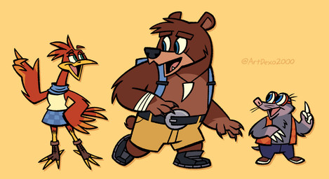 anthro backpack belt bottomwear clothing eyewear female footwear glasses group jewelry male necklace shirt shoes shorts simple_background skirt toeless_footwear topwear trio winged_arms wings artdexo2000 banjo-kazooie rareware banjo_(banjo-kazooie) bottles_(banjo-kazooie) kazooie avian bear breegull brown_bear eulipotyphlan mammal mole_(animal) ursine 2024 absurd_res hi_res signature