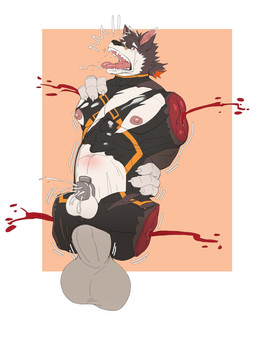 4_missing_limbs abs amputee anal anal_penetration anthro athletic balls big_penis black_clothing black_skinsuit blood bodily_fluids chastity_cage chastity_device clothing cumming_while_penetrating disability disembodied_hand drooling exposed_flesh flat_chastity_cage genitals gore huge_penis humanoid_genitalia humanoid_penis male open_mouth pain pec_grab pecs penetration penile penile_penetration penis penis_in_ass red_eyes saliva simple_background skinsuit solo tears tight_clothing tongue tongue_out torn_skinsuit waist_grab yejibudingzi mgg_(character) canid canine canis domestic_dog mammal hi_res