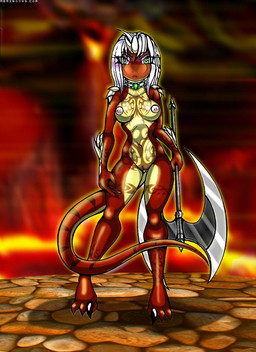 anthro axe biped breasts claws collar collar_only double_bitted_axe female genitals greataxe green_eyes hair looking_at_viewer markings melee_weapon muscular muscular_anthro muscular_female nipples non-mammal_breasts non-mammal_nipples nude solo standing tail tattoo unimpressed vulva warrior weapon white_hair arturo_juarez mythology zire amphibian dinosaur dragon dromaeosaurid mythological_creature mythological_salamander mythological_scalie prehistoric_species reptile scalie theropod velociraptor red_theme