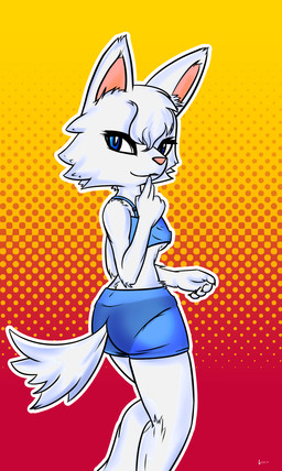 abstract_background anthro blue_eyes bottomwear breasts butt claws clothed clothing female finger_over_mouth fur hair looking_back midriff shirt shorts smile solo tank_top topwear under_boob white_body white_fur white_hair damn_lasso_tool animal_crossing nintendo whitney_(animal_crossing) arctic_wolf canid canine canis mammal wolf 2015 hi_res