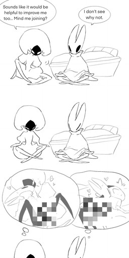 anthro black_face clothed clothing dialogue duo fantasizing female female/female heart_symbol imagination kissing meditation simple_background sitting speech_bubble talking_to_another text thought_bubble white_background white_body katatsumu_ktkt hollow_knight:_silksong hollow_knight_(franchise) team_cherry hornet_(hollow_knight) lace_(hollow_knight:_silksong) arachnid arthropod spider censored comic english_text hi_res monochrome mosaic_censorship
