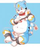 anthro balls belly biped blue_body blue_fur bound chain chained erection foreskin fur genitals humanoid_genitalia humanoid_hands humanoid_penis male moobs navel nipples penis pink_nose simple_background sitting solo white_body white_fur young young_anthro tail784822345 felid feline mammal 2019 hi_res