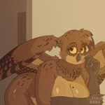 1:1 2024 5_fingers anthro arm_tuft artist_logo avian back_wings beak bent_over big_breasts big_wings bird breasts brown_body brown_eyebrows brown_eyes brown_feathers brown_highlights cel_shading cheek_tuft chest_tuft claws countershade_face countershade_torso countershade_wings countershading curvy_figure ears_back elbow_tuft eyebrows eyelashes facial_tuft feathers female fingers grey_beak grey_claws half-closed_eyes head_tuft heart_(marking) hi_res highlights_(coloring) horned_owl inside logo looking_back markings narrowed_eyes nude olivia_(sammfeatblueheart) owl pivoted_ears sammfeatblueheart scuted_arms scutes shaded shoulder_tuft signature simple_background solo speckled_body striped_feathers tan_body tan_feathers tan_wall true_owl tuft voluptuous wing_tuft wings yellow_sclera