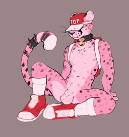 animal_genitalia anthro backpack balls bell bell_collar clothing collar footwear fully_sheathed fur furgonomics genitals grey_background hat hat_over_eyes headgear headwear hidden_eyes male multi_nipple nipples pink_body pink_fur plantigrade reclining sheath shoes simple_background socks solo text bedtime_buck raj_(bedtime_buck) cheetah felid feline mammal english_text hi_res