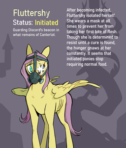 emaciated female feral gas_mask hair horror_(theme) mask pink_hair scar solo tail text wings yellow_body cracklewink friendship_is_magic hasbro infection_au my_little_pony mythology discord_(mlp) fluttershy_(mlp) equid equine mammal mythological_creature mythological_equine pegasus absurd_res digital_media_(artwork) english_text hi_res