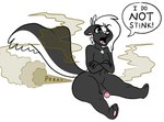 2022 anthro bombsy butt crossed_arms dialogue english_text fart fart_fetish genitals humanoid_genitalia humanoid_penis lies male male_farting mammal mephitid nude_male onomatopoeia penis sergio_(bombsy) sitting skunk solo sound_effects speech_bubble tail text