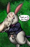 absurd_res anthro big_penis clothing demoniccat1 dialogue dungeon_reset duo english_text fur genitals heart_eyes heart_symbol hi_res huge_penis lagomorph leporid male male/male mammal penis rabbit rabbit_(dungeon_reset) suit text thank_you thank_you_for_the_meal white_body white_fur