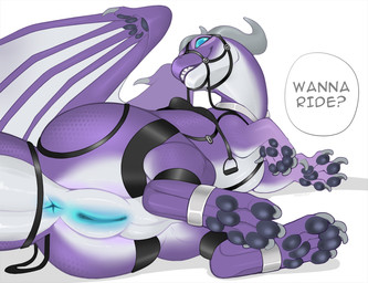 4_toes 5_fingers anus bdsm belt blue_anus blue_vulva bridle butt claws feet female feral finger_claws fingers genitals harness horn mount pawpads paws petplay ponyplay purple_body reins roleplay saddle solo tail toe_claws toes vulva wings aseysh european_mythology mythology dragon mythological_creature mythological_scalie scalie western_dragon