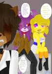 angry animatronic anthro avian beak bear bird bonnie_(fnaf) bow_(feature) bow_tie brown_clothing brown_shirt brown_topwear chica_(fnaf) chicken clothing comic discordmelody dress english_text female five_nights_at_freddy's freckles freddy_(fnaf) fur galliform gallus_(genus) group hi_res lagomorph leporid machine male mammal phasianid rabbit robot scottgames shirt smile stage text topwear white_clothing white_shirt white_topwear