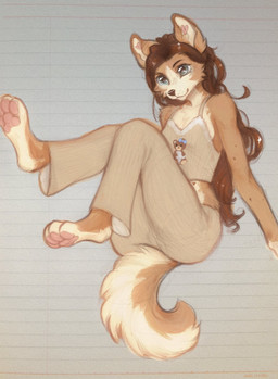 4_toes anthro biped bottomwear breasts brown_body brown_fur brown_hair brown_tail clothed clothed_anthro clothed_female clothing countershade_fur countershade_torso countershading feet female front_view fully_clothed fully_clothed_anthro fully_clothed_female fur green_eyes hair pawpads paws smile solo tail toes topwear yshanii cotton_(yshanii) canid canine canis dingo mammal 2025 digital_drawing_(artwork) digital_media_(artwork) hi_res