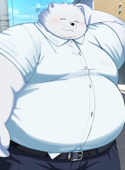 anthro belly big_belly biped black_nose bottomwear clothing eyes_closed kemono male outside overweight overweight_male pants shirt solo topwear trail_arnak bear mammal 2026 absurd_res hi_res
