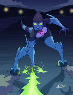 3_fingers action_pose armor blue_body blue_skin breasts claws eyelashes female finger_claws fingers freckles glowing green_eyes headgear helmet looking_at_viewer night outside pose smile smiling_at_viewer solo sparks drawbear ben_10 cartoon_network chaquetrix xlr8 alien humanoid kineceleran 2024 absurd_res hi_res signature