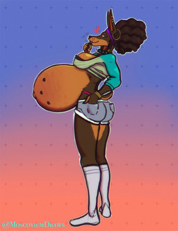 accessory alternative_fashion anthro belly belly_nipples big_belly big_breasts bottomwear bracelet breasts brown_body brown_fur brown_hair candy clothing collar denim denim_bottomwear denim_clothing denim_shorts dessert ear_piercing ear_ring eyebrow_piercing facial_piercing female food fur g-string gold_(metal) gold_ear_ring hair hand_in_pocket headband heart_symbol hearts_around_head humanoid_hands hyper hyper_pregnancy industrial_piercing jewelry lollipop looking_at_viewer multi_nipple navel nipples nose_piercing nose_ring outie_navel piercing pockets pregnant pregnant_anthro pregnant_female punk ring_piercing shorts solo spiked_collar spikes standing sucking_lollipop underwear wearing_collar moscoviumdraws merci_(moscoviumdraws) canid canine canis dobermann domestic_dog mammal pinscher 2026 digital_drawing_(artwork) digital_media_(artwork) english_description hi_res
