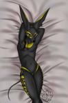 andromorph anthro bed egyptian furniture genitals intersex looking_at_viewer nude pussy royalty seductive solo tattoo jethrokassis zuberi_khaldun anubian_jackal canid canine canis jackal mammal hi_res