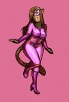 bodysuit boots breasts brown_hair clothing female footwear hair high_heeled_boots high_heels long_hair mask open_mouth pink_background shoes simple_background skinsuit smile solo spandex superhero tight_clothing namelessenemy domestic_cat felid feline felis mammal