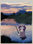 anthro black_nose blush border fishing fishing_rod fur grass grey_body grey_ears grey_fur grey_hair grey_tail hair happy holding_fishing_rod holding_object lake looking_at_viewer looking_back male mountain multicolored_body multicolored_fur orange_border outside partially_submerged plant smile solo sunset tail tree two_tone_tail water shaibey bluey_(series) maynard_(bluey) canid canine canis domestic_dog hunting_dog irish_wolfhound mammal sighthound 2023 digital_media_(artwork) hi_res procreate_(artwork)