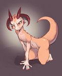 all_fours anthro blush claws female flat_chested horn navel red_claws solo suggestive_look tail thick_tail kotya kobold scalie hi_res