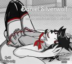 anthro black_clothing black_hair black_legwear black_thigh_highs brown_eyes clothing femboy hair legwear lying male on_back solo thigh_highs silverdrool daniel_silverwolf canid canine canis mammal wolf 2020