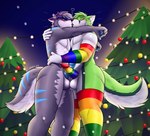 anthro armwear balls balls_touching black_nose blue_body blue_fur blue_pawpads blue_paws blue_penis blush bulge christmas_background christmas_decorations christmas_lights christmas_tree clothed clothing duo erection french_kissing fur genitals green_body green_fur grey_body grey_fur hair heart_symbol holidays kissing legwear making_love making_out male male/male multicolored_armwear multicolored_clothing multicolored_legwear multicolored_penis multicolored_thigh_highs open_mouth pawpads penis penis_touching plant rainbow_penis thigh_highs tree lobito_jony christmas fidget_the_fox kyro_the_husky canid canine canis domestic_dog fox husky mammal nordic_sled_dog spitz absurd_res digital_media_(artwork) hi_res signature