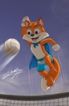 3_toes anthro ball barefoot blue_clothing blue_swimming_trunks blue_swimwear cape clothing feet male paws plantigrade solo sport swimming_trunks swimwear toes volleyball volleyball_(ball) sagadreams lucky's_tale_(series) playful_corp. lucky_swiftail canid canine fox mammal hi_res