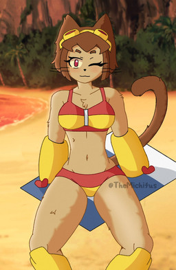 :3 anthro beach bikini blush breasts brown_body brown_hair clothed clothing eyewear eyewear_on_head female goggles goggles_on_head hair island looking_at_viewer mechanical_arm mechanical_leg navel one_eye_closed outside palm_tree plant seaside solo swimwear tail tree tropical two-piece_swimsuit water wink themichifus gameoverse glitch_productions kit_bodega domestic_cat felid feline felis mammal 2026 digital_media_(artwork) hi_res