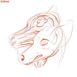 ambiguous_gender bisected bisected_skull blood bodily_fluids brain death feral flesh gore open_mouth organs simple_background solo white_background wounded puppy_meats canid canine mammal 1:1 hi_res monochrome red_and_white sketch