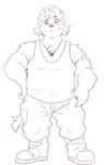 anthro clothing floppy_ears male shirt slightly_chubby smile solo standing tank_top tattoo topwear heylaw21 lifewonders live_a_hero hisaki_(live_a_hero) canid canine canis domestic_dog mammal line_art monochrome