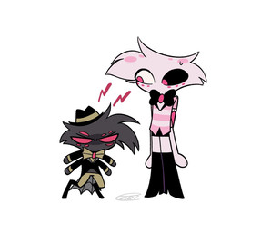 4_arms chibi clothed clothing duo male multi_arm multi_eye multi_limb simple_background white_background enaic31 hazbin_hotel hellaverse angel_dust arackniss_(hazbin_hotel) arachnid arthropod demon humanoid spider brother_(lore) brothers_(lore) sibling_(lore)