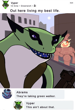 breasts clothed clothing eyeshadow featureless_breasts female fire flat_chested green_body gun humor makeup multicolored_body purple_eyes purple_tongue ranged_weapon selfie smile smiling_at_viewer solo spikes text tongue topless two_tone_body weapon mrtea loss this_ain't_about_him vyper_(deadlock) scalie english_text hi_res meme