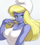 bare_shoulders big_breasts blonde_hair blue_body blue_eyes blue_skin breasts cleavage clothed clothing dress eyebrows eyelashes female hair hat headgear headwear lips long_hair not_furry phrygian_cap smile solo sundress maou_alba the_smurfs smurfette humanoid smurf grandfathered_content